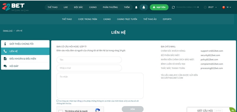 Thông Tin Liên Hệ 22Bet Cung Cấp Khá Đa Dạng