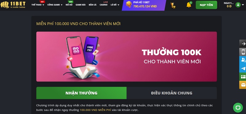 Thưởng 100K Khởi Nghiệp Khi Đăng Ký Tài Khoản Thành Công Tại 11Bet